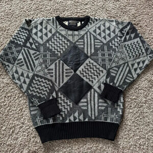 Vintage acrylic Barnaby Sweater Pullover Mens Medium Leather Patchwork